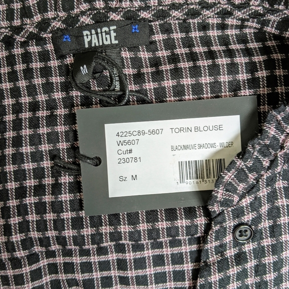 PAIGE Plaid Button Front Split Neck Ruffle Long Sleeve Tassel Black Mauve M NWT - Picture 13 of 14